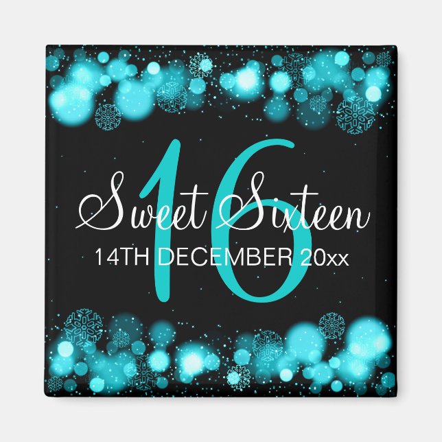 Imán Winter Sweet 16 Birthday Turquoise Bokeh Luces (Frente)