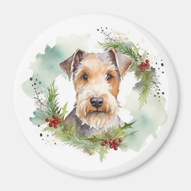 Imán Wirefox Terrier Navidades Wreath Festive Pup (Frente)
