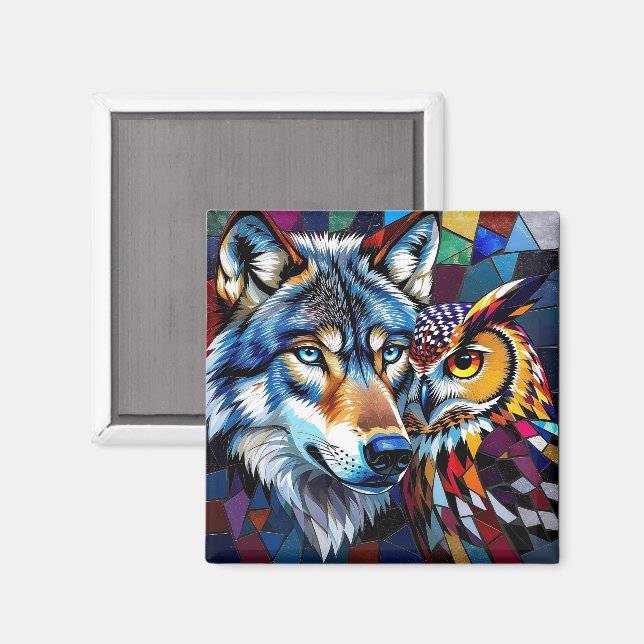 Imán Wolf and Owl Vibrant and Colorful  (Anverso/Reverso)
