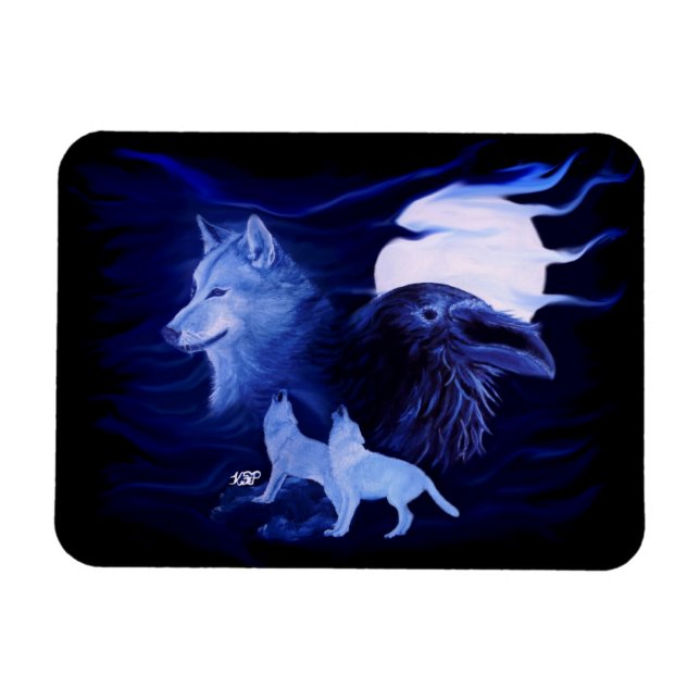 Imán Wolf y Raven con luna llena (Horizontal)