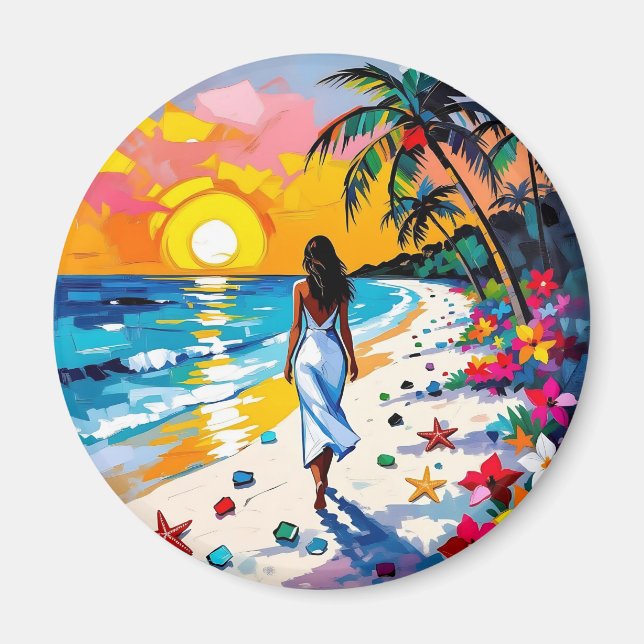 Imán Woman on Beach Tropical Scene (Frente)