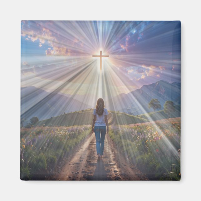 Imán Woman Walking Toward Glowing Cross – Faith Journey (Frente)