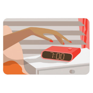 Imán Womans hand pushing on alarm clock snooze button