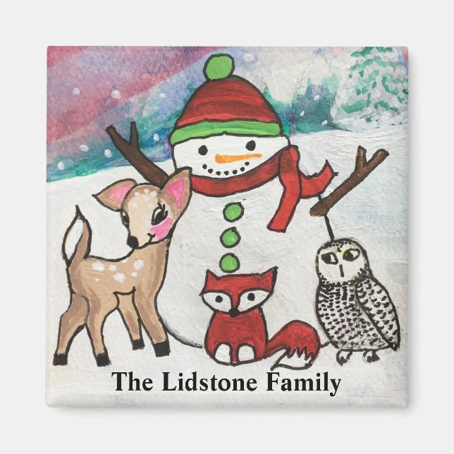 Imán Woodland Animals Snowman Family Name (Frente)