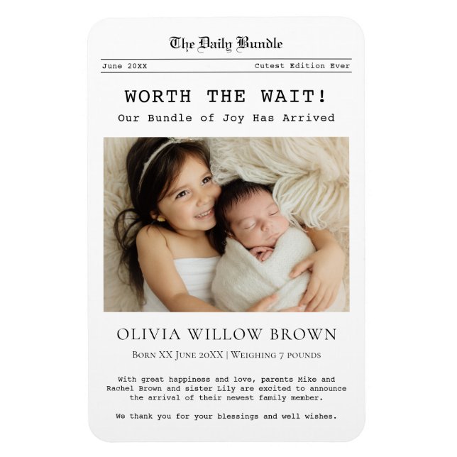 Imán Worth the Wait, Newborn Announcement magnet (Vertical)