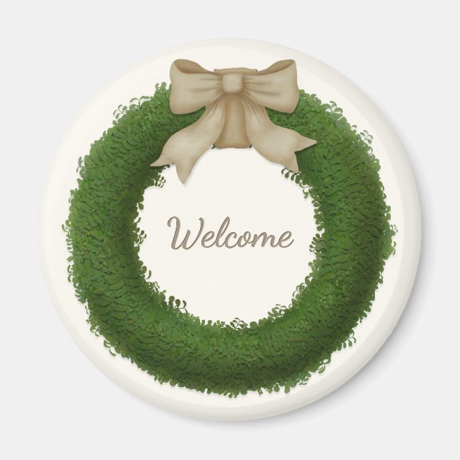Imán Wreath de Boxwood con nombre personalizado de Bow  (Frente)