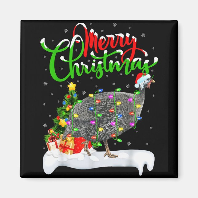 Imán Xmas Lights Tree Santa Guinea Fowl Bird Merry Chri (Frente)