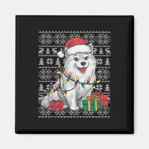 Imán Xmas Sweater Style Ugly Santa American Eskimo Dog