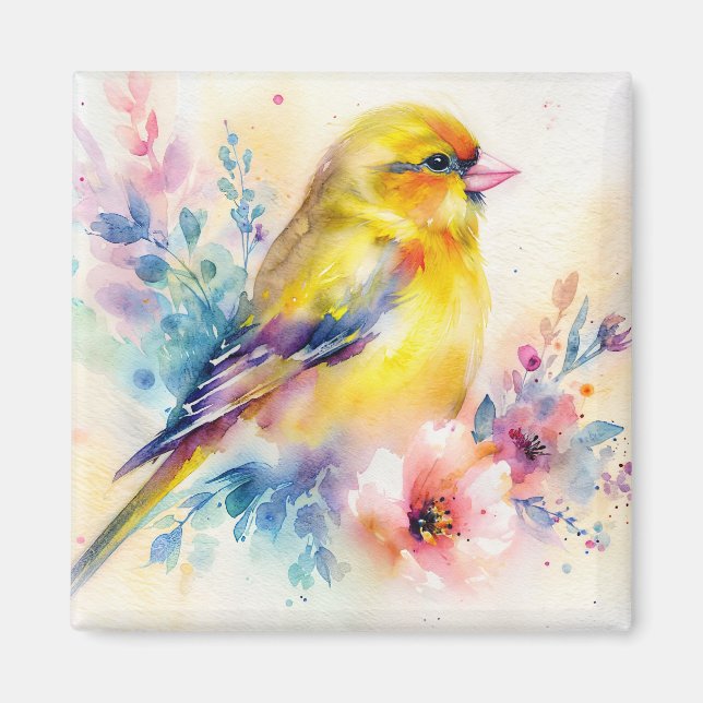 Imán Yellow Finch Floral Bird Watercolor Art Magnet (Frente)