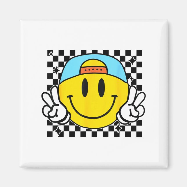 Imán Yellow Smile Face Cute Checkered Peace Smiling Hap (Frente)