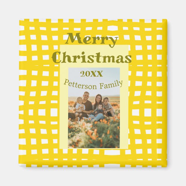 Imán Yellow white plaid retro Christmas holiday family  (Frente)