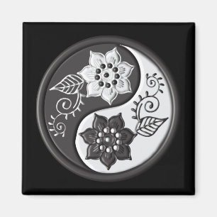 Imán Yin Yang Floral Negro y Plateado