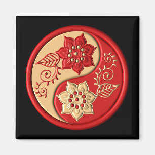 Imán Yin Yang floral rojo y dorado