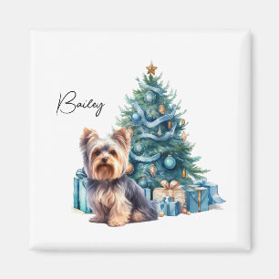 Imán Yorkie de nombre de perro personalizado con árbol