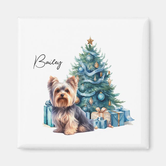 Imán Yorkie de nombre de perro personalizado con árbol  (Frente)