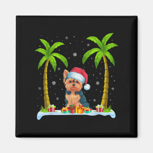 Imán Yorkie Dog Santa Hat Palm Tree Beach Xmas Pajama F