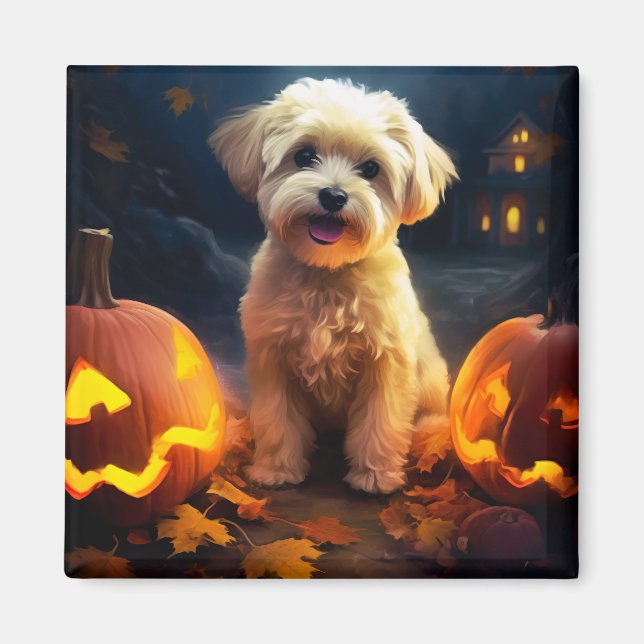 Imán Yorkipoo de Halloween con calabazas temerosas (Frente)