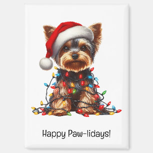 Imán Yorkshire Terrier con sombrero de Santa y luces de