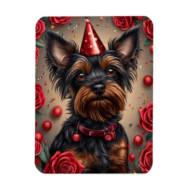 Imán Yorkshire Terrier Cumpleañero con Gorro de Fiesta (Vertical)
