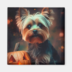 Imán Yorkshire Terrier de Halloween con calabazas aterr