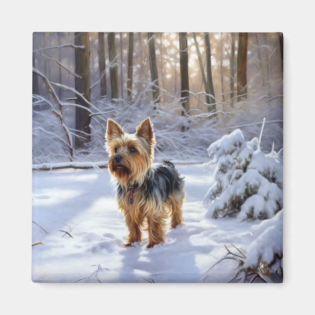 Imán Yorkshire Terrier Deja que nieve Navidad (Frente)