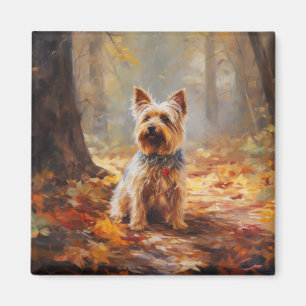 Imán Yorkshire Terrier en hojas de otoño caídas Inspira