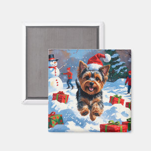 Imán Yorkshire Terrier en Nieve con Gorra Navidad