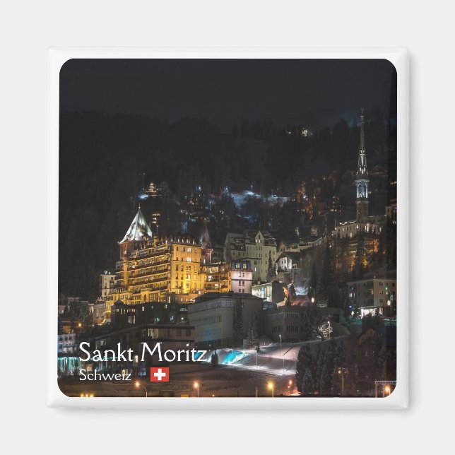 Imán zCH018 SANKT MORITZ bei Nacht Swiss, Fridge Magnet (Frente)