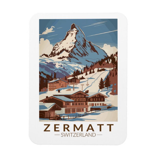 Imán Zermatt Suiza Ilustracion Viaje Retro (Vertical)