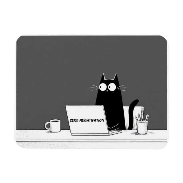 Imán Zero Meowtivation Cat – Funny Lazy Work Cartoon (Horizontal)