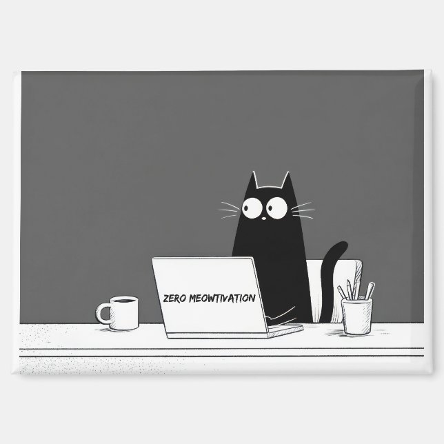 Imán Zero Meowtivation Cat – Funny Lazy Work Cartoon (Anverso)
