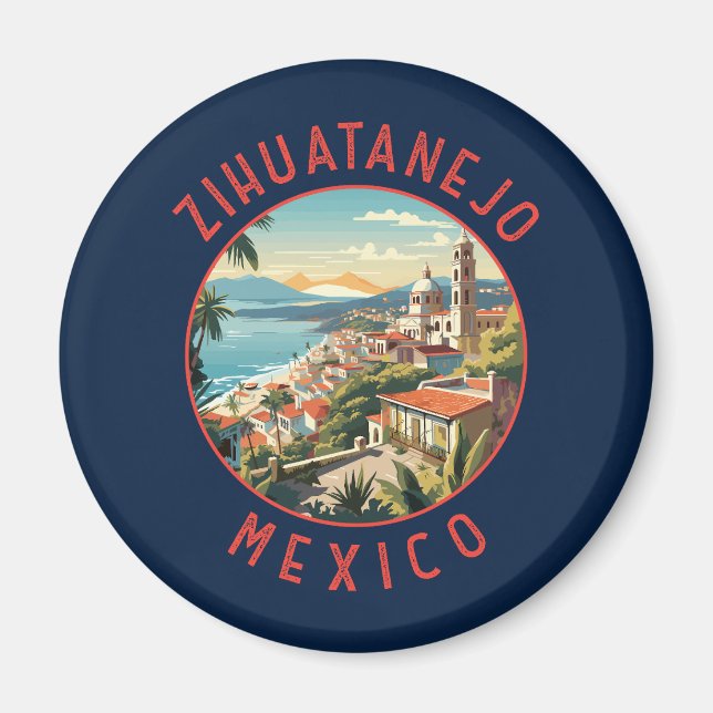 Imán Zihuatanejo México Círculo Distorsionado Retro (Frente)