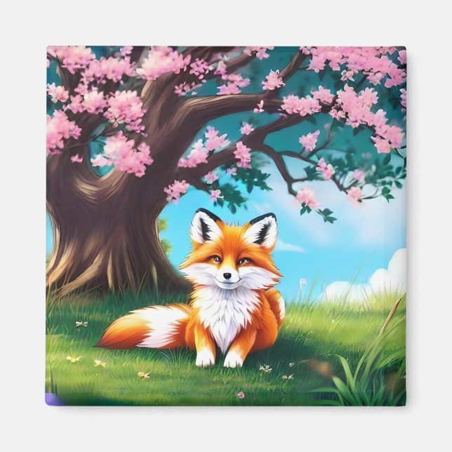 Imán Zorro Adorable Sentado Bajo Árbol (Frente)