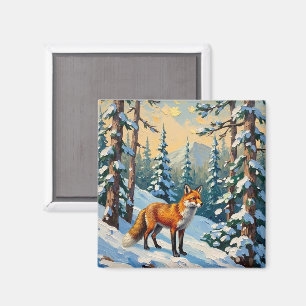 Imán Zorro antiguo en la pintura de Navidad de bosques