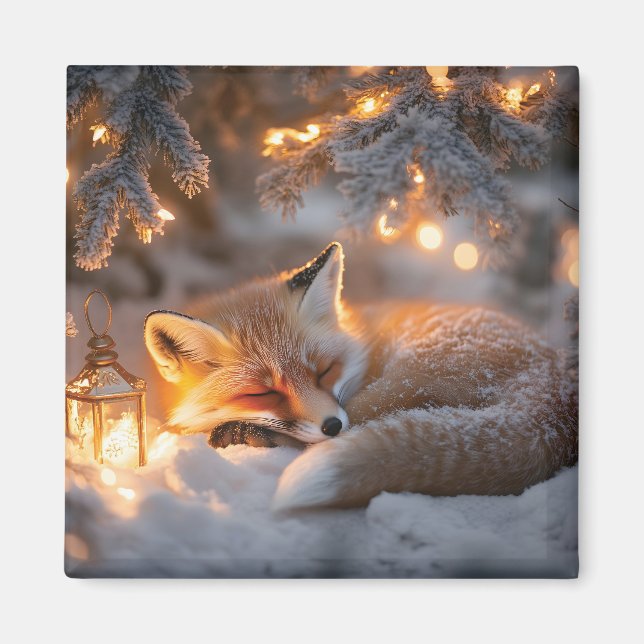 Imán Zorro durmiendo acogedoramente bajo ramas nevadas  (Frente)