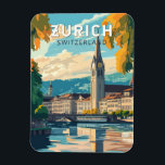 Imán Zurich Suiza Viaje al arte Vintage<br><div class="desc">Diseño de viaje vectorial retro de Zurich. Las pintorescas callejuelas del centro de Altstadt (casco antiguo),  a ambos lados del río Limmat,  reflejan su historia pre-medieval.</div>