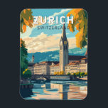 Imán Zurich Suiza Viaje al arte Vintage<br><div class="desc">Diseño de viaje vectorial retro de Zurich. Las pintorescas callejuelas del centro de Altstadt (casco antiguo),  a ambos lados del río Limmat,  reflejan su historia pre-medieval.</div>