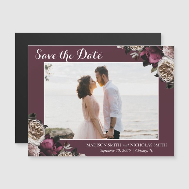 Imanes de "Save The Date" Florales Rosados y Burgu (Anverso/Reverso)