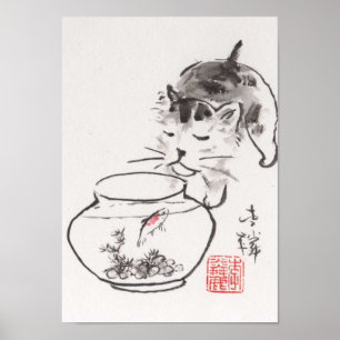 Imprenta de arte de Lin Li: Gato y pez espada