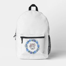 Impresa Azul floral suave Hydrangea Wolf mochila blanca