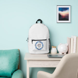 Impresa Azul floral suave Hydrangea Wolf mochila blanca