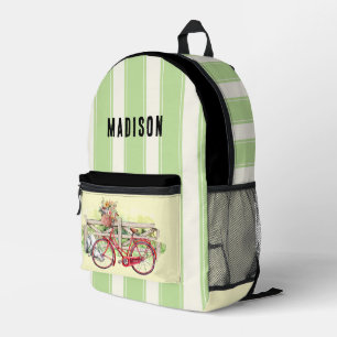Impresa Bicicleta roja con mochila pesonalizada con flores