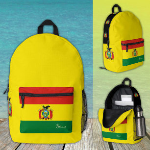 Impresa Bolivia, mochila amarilla, bandera boliviana / pat