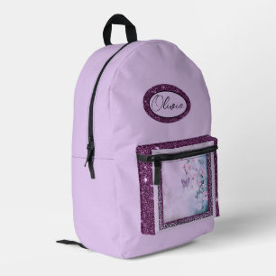 Impresa Flores moradas, rosa, mochila de lavanda purpurina