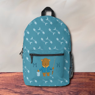 Impresa Mochila azul del niño del oso marrón de pesca