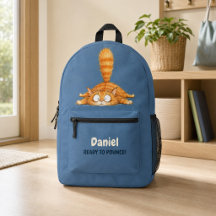 Mochila Azul Divertida para Niños con Gato Naranja