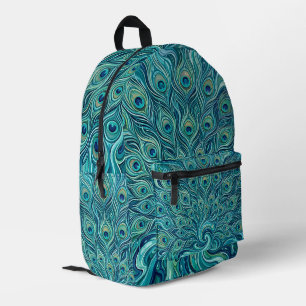 Impresa Mochila azul océano con pluma de pavo real abstrac