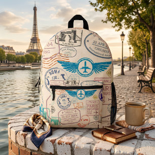 Impresa Mochila con collage de sellos de viaje de pasaport
