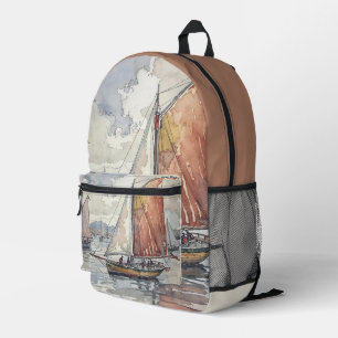 Impresa Mochila con escena de acuarela de velero de costa 