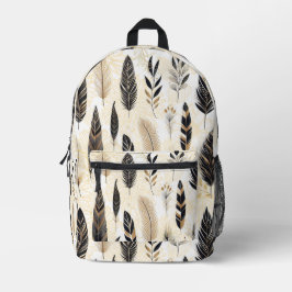 Impresa Mochila con estampado de plumas negro y dorado